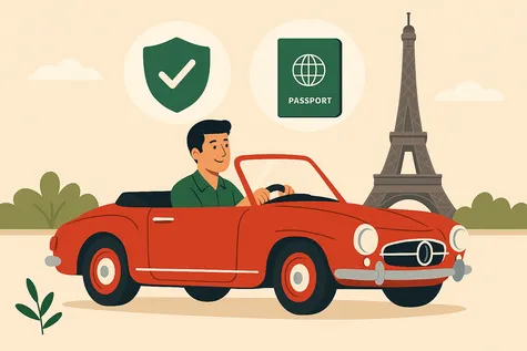 Un hombre conduce un coche clásico cerca de la Torre Eiffel gracias a la cobertura internacional de su seguro de coche histórico.