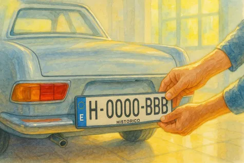 Ilustración de una persona colocando la matrícula histórica a su coche clásico.