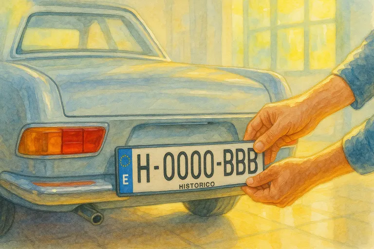 como-hacer-un-coche-historico Ilustración de una persona colocando la matrícula histórica a su coche clásico.