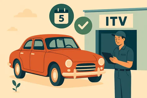 Coche clásico frente a una estación de ITV, con un operario anotando en una tablet que el vehículo a superado la inspección.
