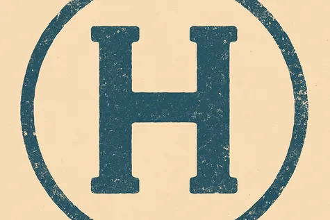 Símbolo de la letra “H” mayúscula en color azul oscuro dentro de un círculo, representando una pegatina de coche histórico.