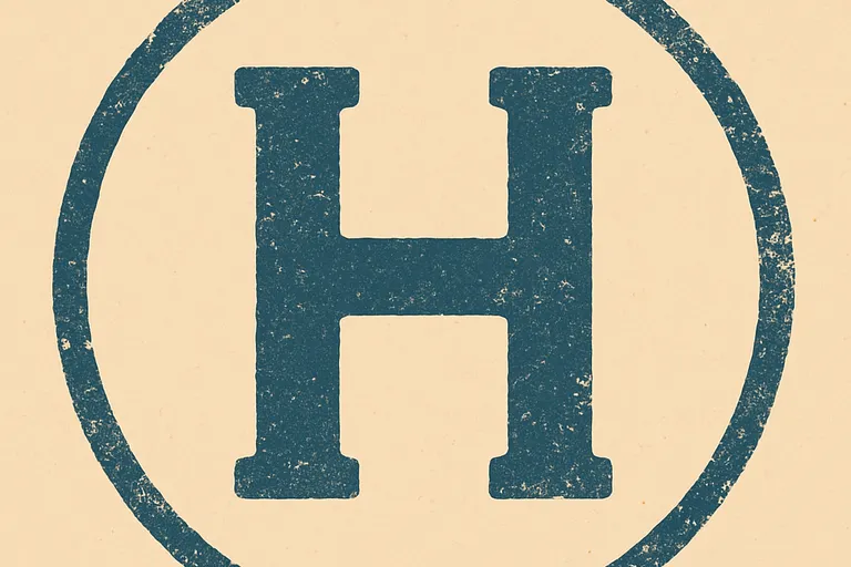 Símbolo de la letra “H” mayúscula en color azul oscuro dentro de un círculo, representando una pegatina de coche histórico.