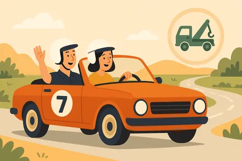 Pareja conduciendo con total garantía un coche clásico descapotable en un rally gracias al seguro que han contratado.