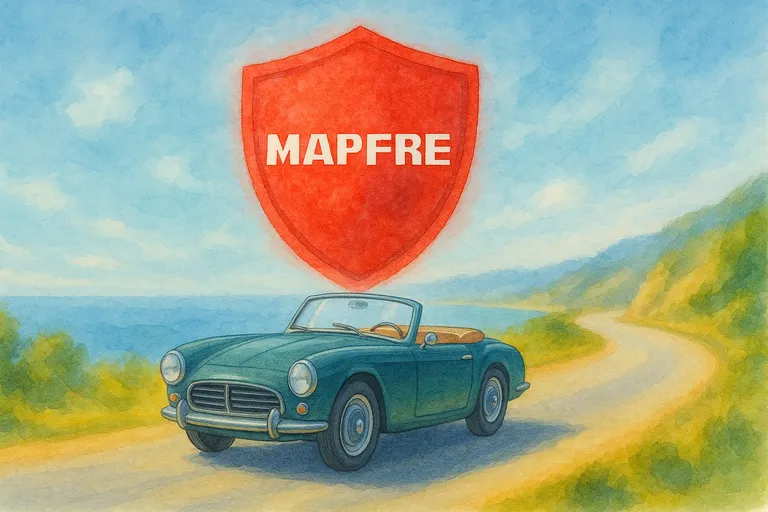 seguro-coche-historico-mapfre Ilustración de un coche histórico protegido por un escudo rojo con el nombre de Mapfre.