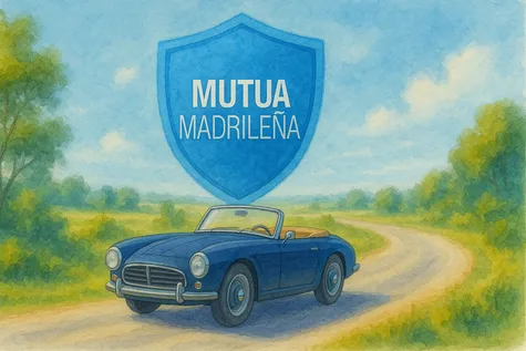 Ilustración de un coche histórico protegido por un escudo azul de Mutua Madrileña.