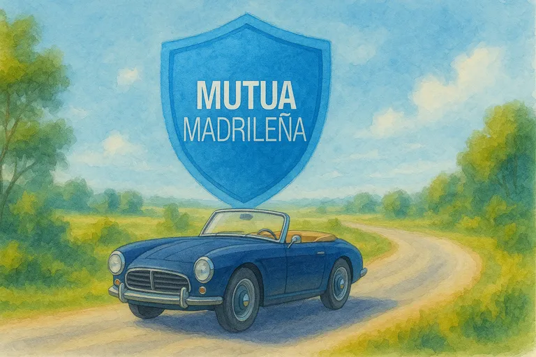 seguro-coche-historico-mutua-madrilena Ilustración de un coche histórico protegido por un escudo azul de Mutua Madrileña.