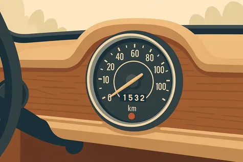 Cuadro de velocidad de coche histórico marcando 1.532 kilómetros recorridos.