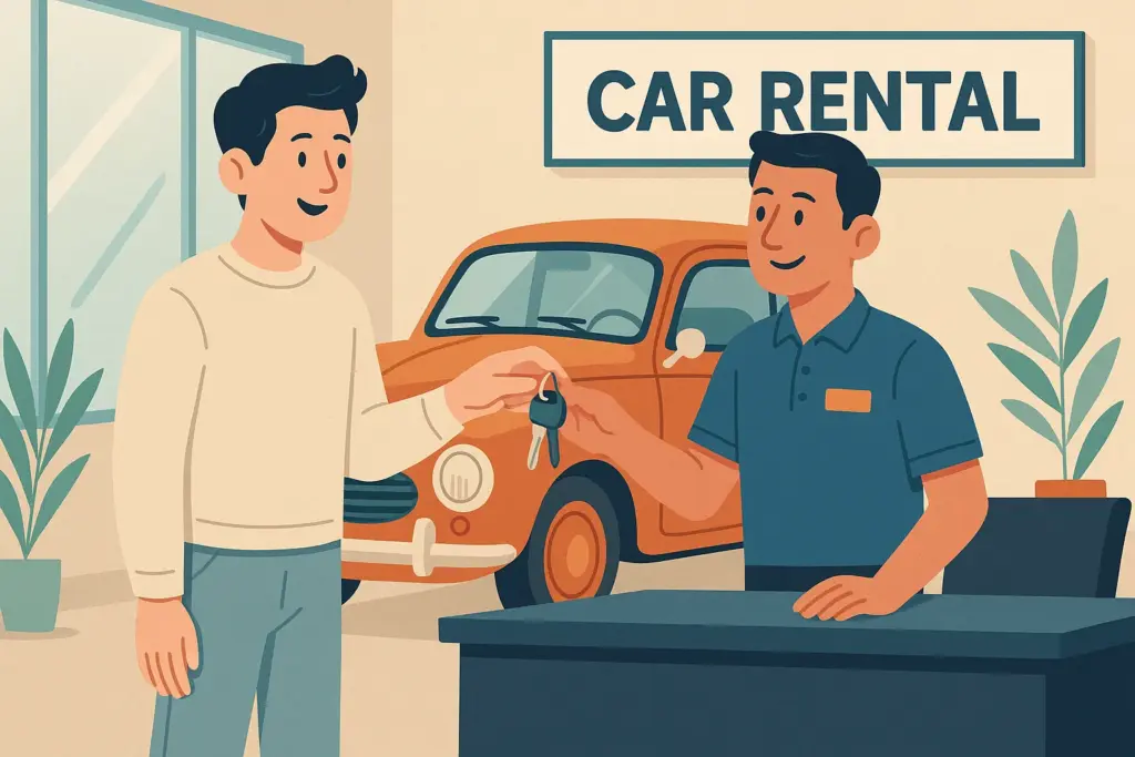 Un empleado de un establecimiento de alquiler de coches entrega las llaves de un coche clásico naranja a un cliente.