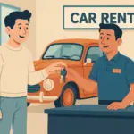 Un empleado de un establecimiento de alquiler de coches entrega las llaves de un coche clásico naranja a un cliente.