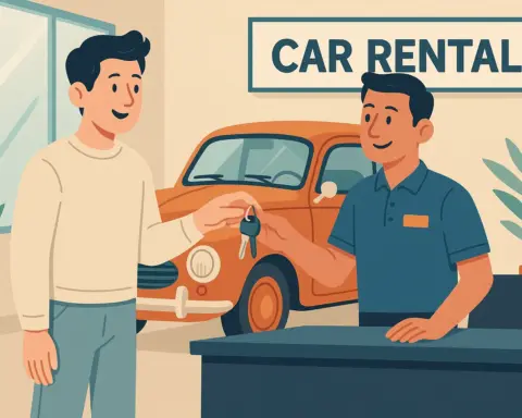 Un empleado de un establecimiento de alquiler de coches entrega las llaves de un coche clásico naranja a un cliente.