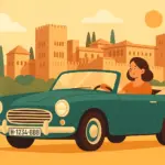 Mujer conduciendo un coche clásico descapotable frente a la Alhambra de Granada.