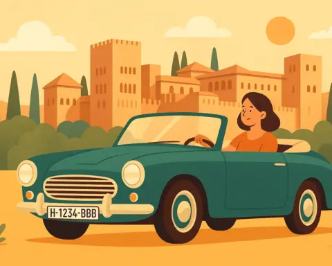 Mujer conduciendo un coche clásico descapotable frente a la Alhambra de Granada.