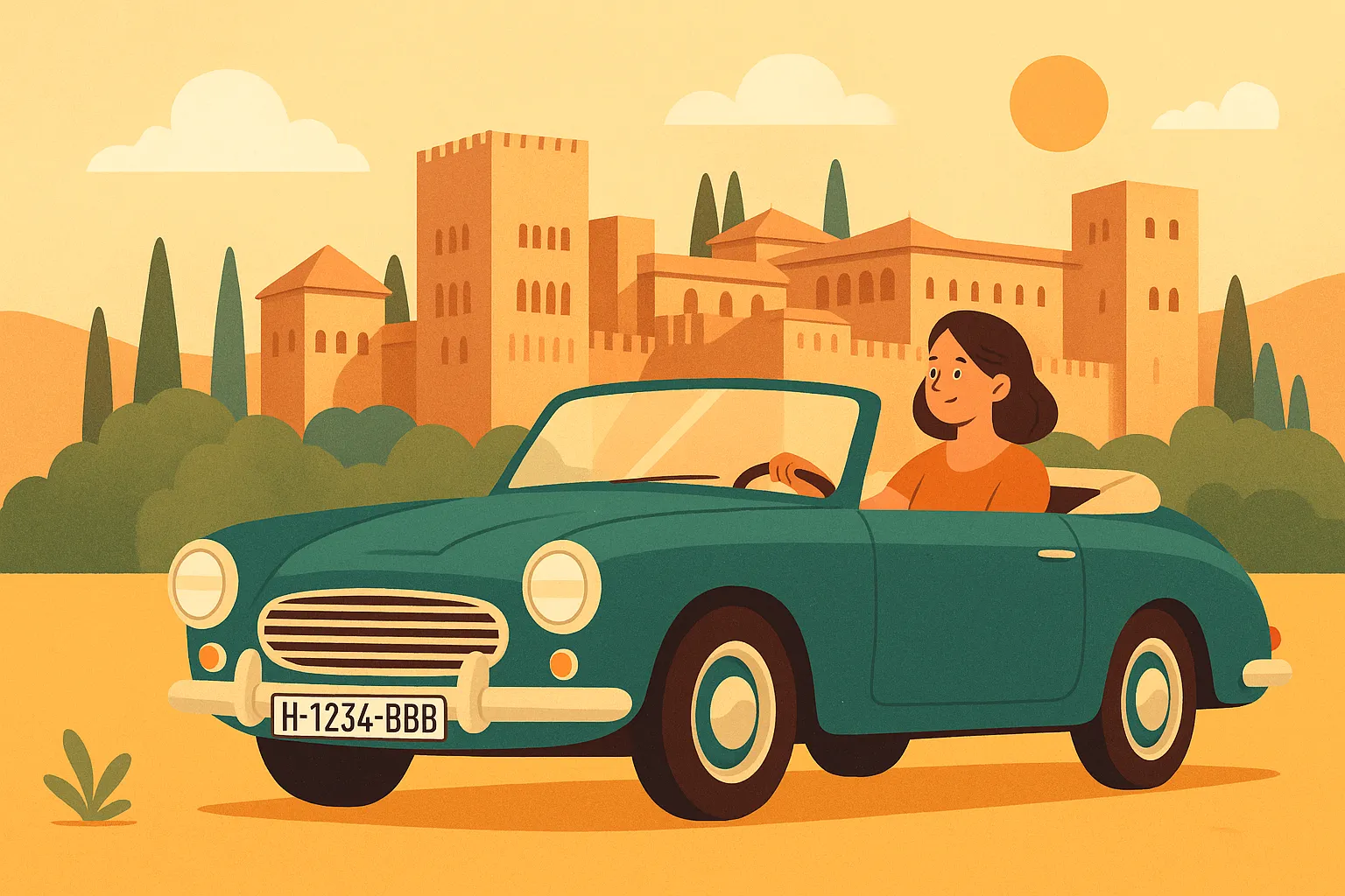 Mujer conduciendo un coche clásico descapotable frente a la Alhambra de Granada.