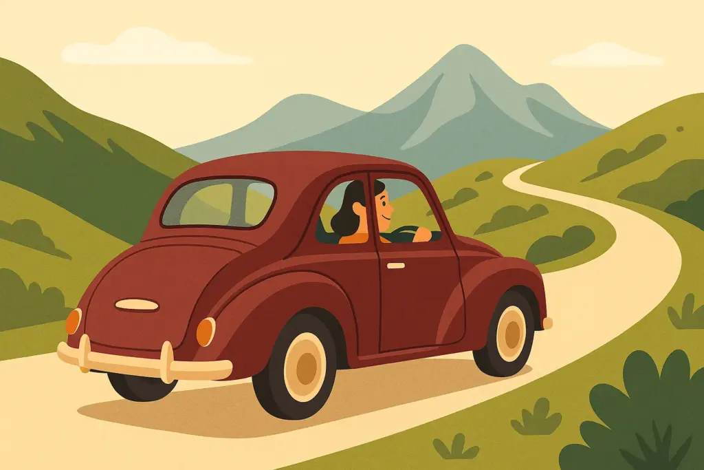 Mujer conduciendo un coche clásico por una carretera de montaña en Asturias, rodeada de colinas verdes y picos al fondo.