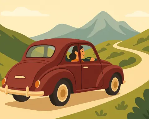 Mujer conduciendo un coche clásico por una carretera de montaña en Asturias, rodeada de colinas verdes y picos al fondo.