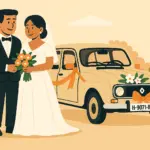 Una pareja de recién casados frente a un Renault 4 con matrícula histórica y asegurado con una póliza para clásicos.