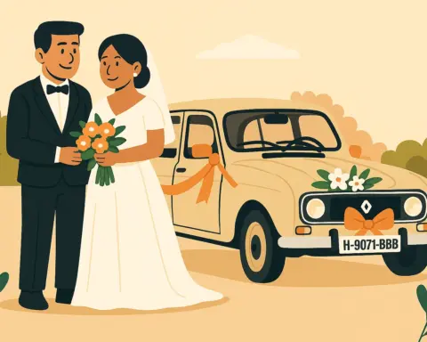 Una pareja de recién casados frente a un Renault 4 con matrícula histórica y asegurado con una póliza para clásicos.