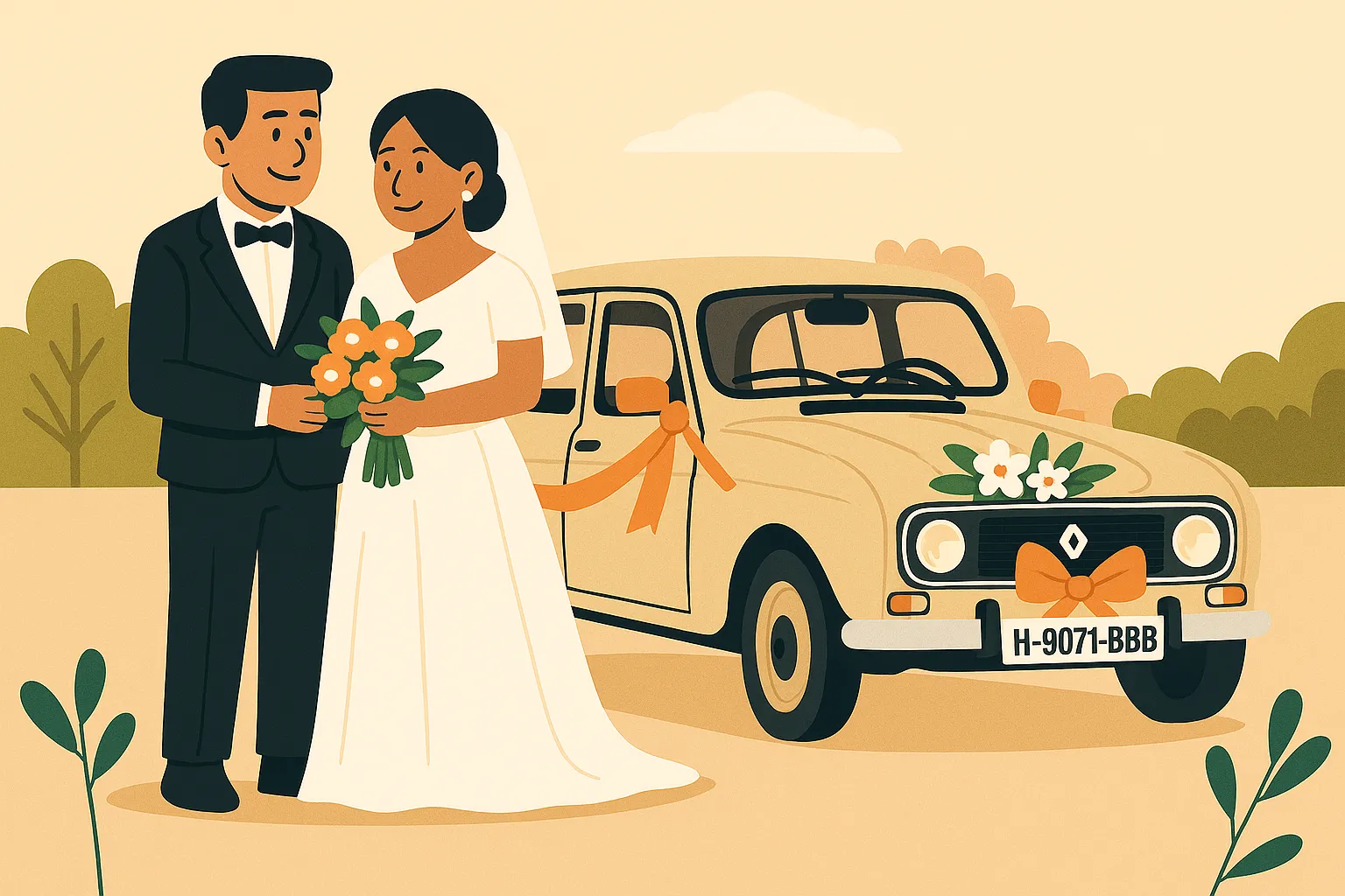 Una pareja de recién casados frente a un Renault 4 con matrícula histórica y asegurado con una póliza para clásicos.