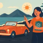 Un coche clásico descapotable rojo estacionado en una playa volcánica canaria, con palmeras, mar y montañas al fondo.