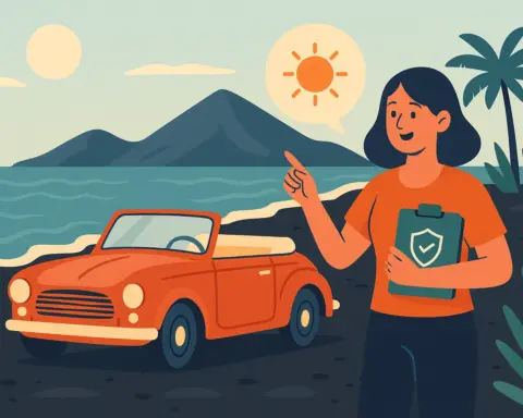 Un coche clásico descapotable rojo estacionado en una playa volcánica canaria, con palmeras, mar y montañas al fondo.