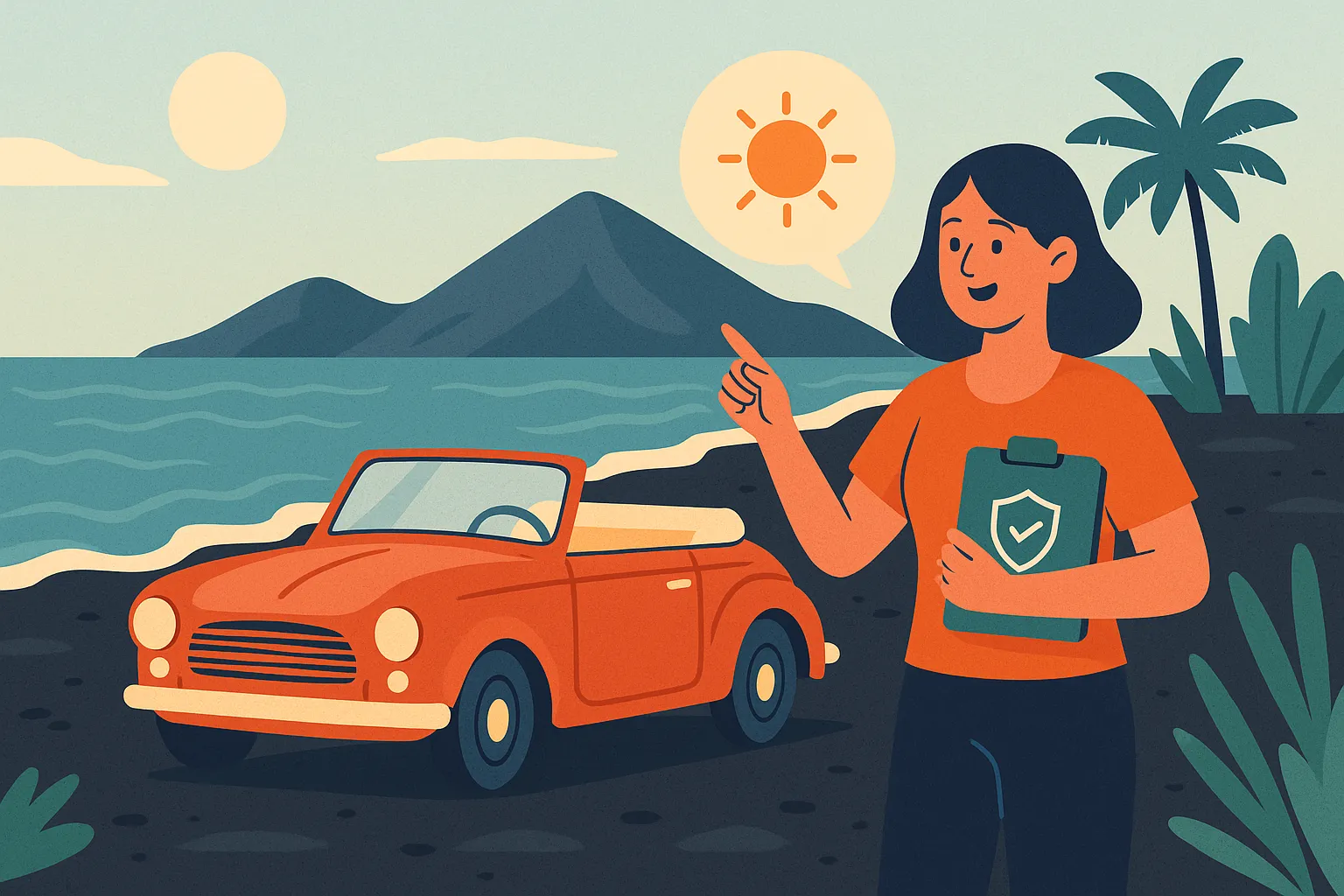 Un coche clásico descapotable rojo estacionado en una playa volcánica canaria, con palmeras, mar y montañas al fondo.