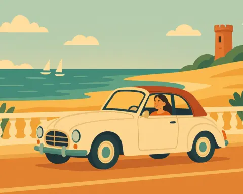 Mujer conduciendo un coche clásico descapotable por el paseo marítimo de Santander.