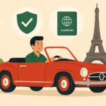 Un hombre conduce un coche clásico cerca de la Torre Eiffel gracias a la cobertura internacional de su seguro de coche histórico.