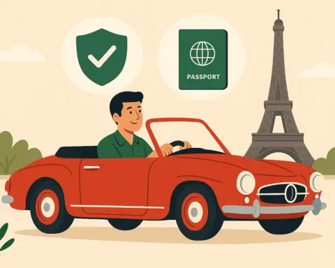 Un hombre conduce un coche clásico cerca de la Torre Eiffel gracias a la cobertura internacional de su seguro de coche histórico.