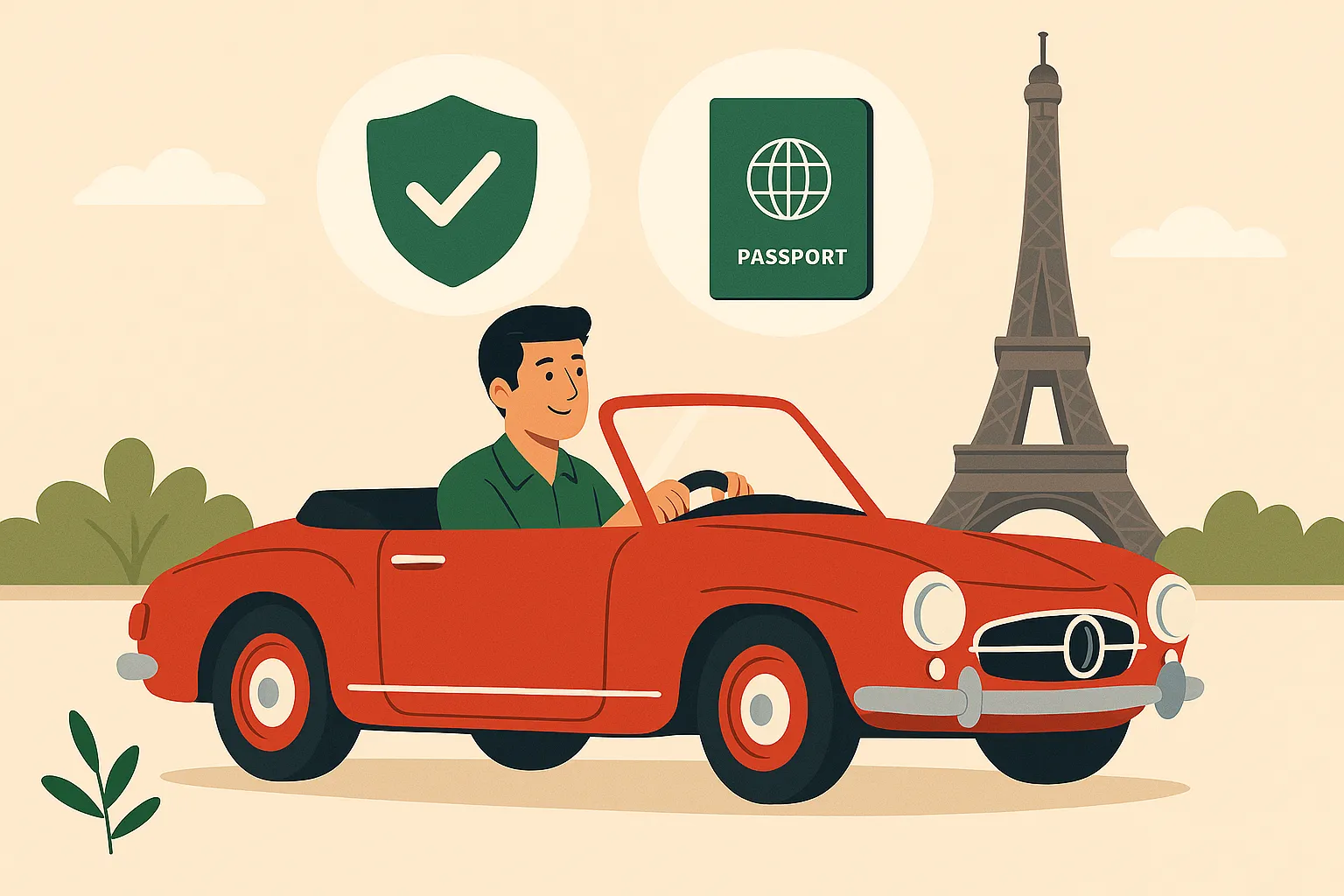 Un hombre conduce un coche clásico cerca de la Torre Eiffel gracias a la cobertura internacional de su seguro de coche histórico.