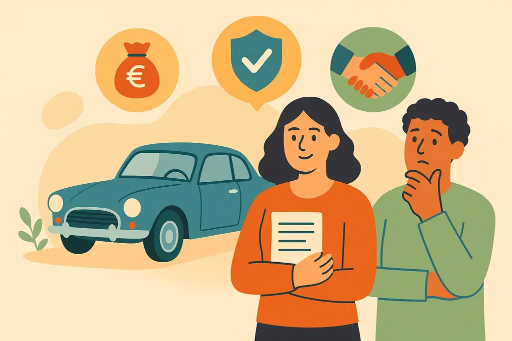 Una pareja valora coberturas para asegurar su coche clásico ahorrando dinero y ganando seguridad.