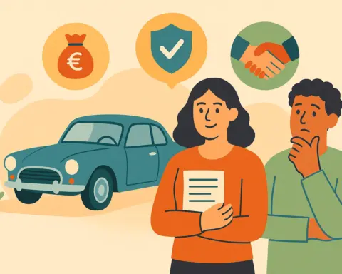 Una pareja valora coberturas para asegurar su coche clásico ahorrando dinero y ganando seguridad.