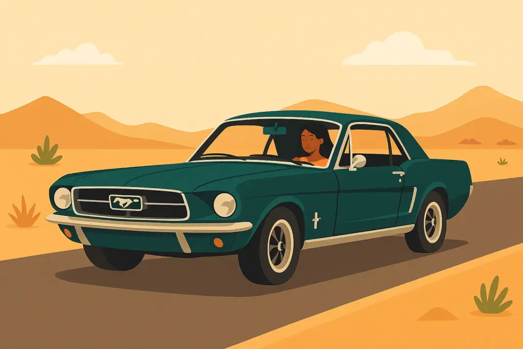 Una mujer conduciendo un coche clásico americano modelo Ford Mustang, por una carretera desértica rodeada de colinas..