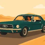 Una mujer conduciendo un coche clásico americano modelo Ford Mustang, por una carretera desértica rodeada de colinas..