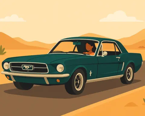 Una mujer conduciendo un coche clásico americano modelo Ford Mustang, por una carretera desértica rodeada de colinas..