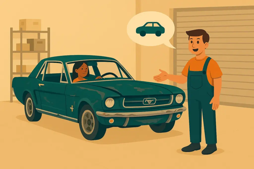 Una mujer al volante de un coche clásico, conversando con un mecánico que le explica qué tiene un coche de sustitución.