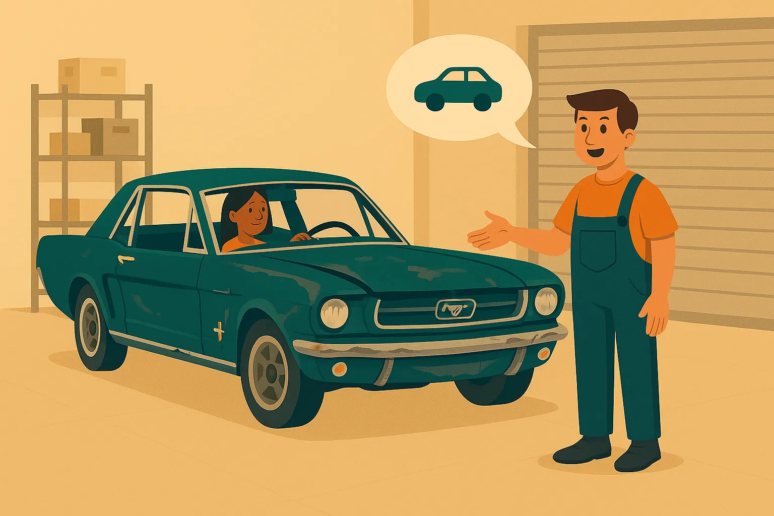 Una mujer al volante de un coche clásico, conversando con un mecánico que le explica qué tiene un coche de sustitución.