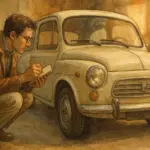 Ilustración de una persona inspeccionando un coche histórico antes de comprarlo.