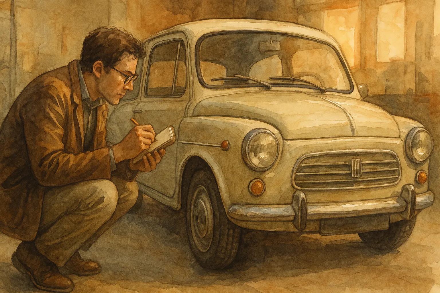 Ilustración de una persona inspeccionando un coche histórico antes de comprarlo.