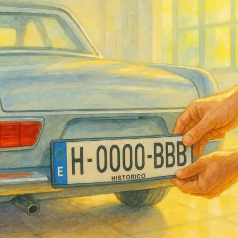 Ilustración de una persona colocando la matrícula histórica a su coche clásico.