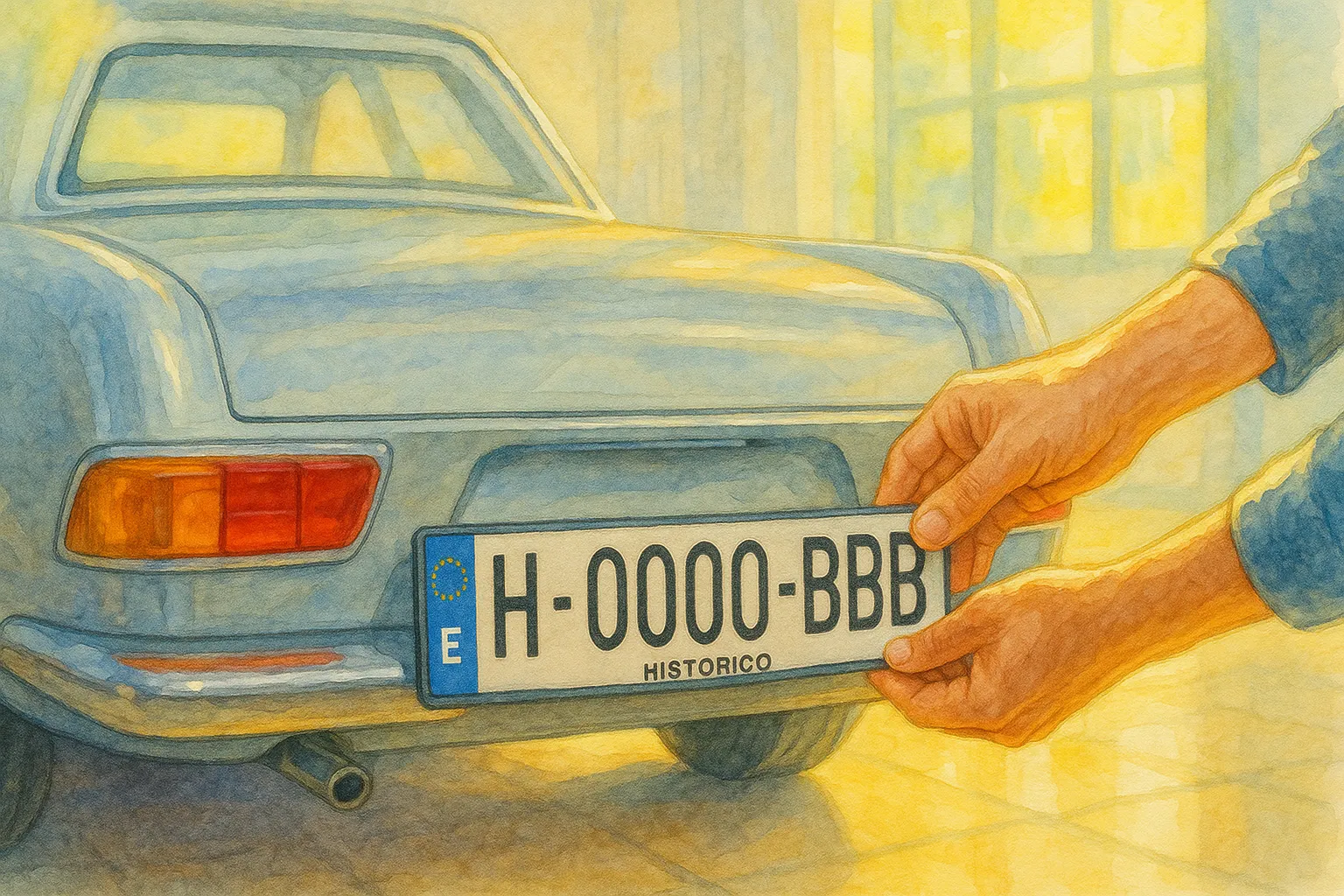 Ilustración de una persona colocando la matrícula histórica a su coche clásico.
