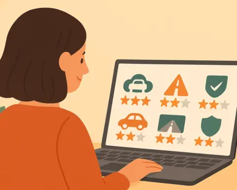 Mujer analizando puntuaciones de seguros de coches históricos en su portátil.