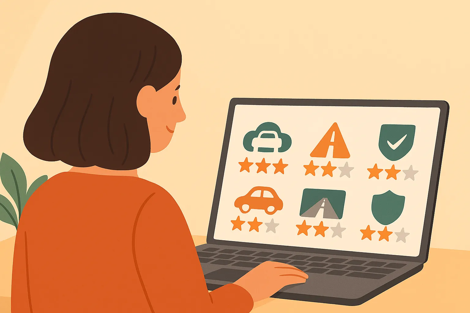 Mujer analizando puntuaciones de seguros de coches históricos en su portátil.