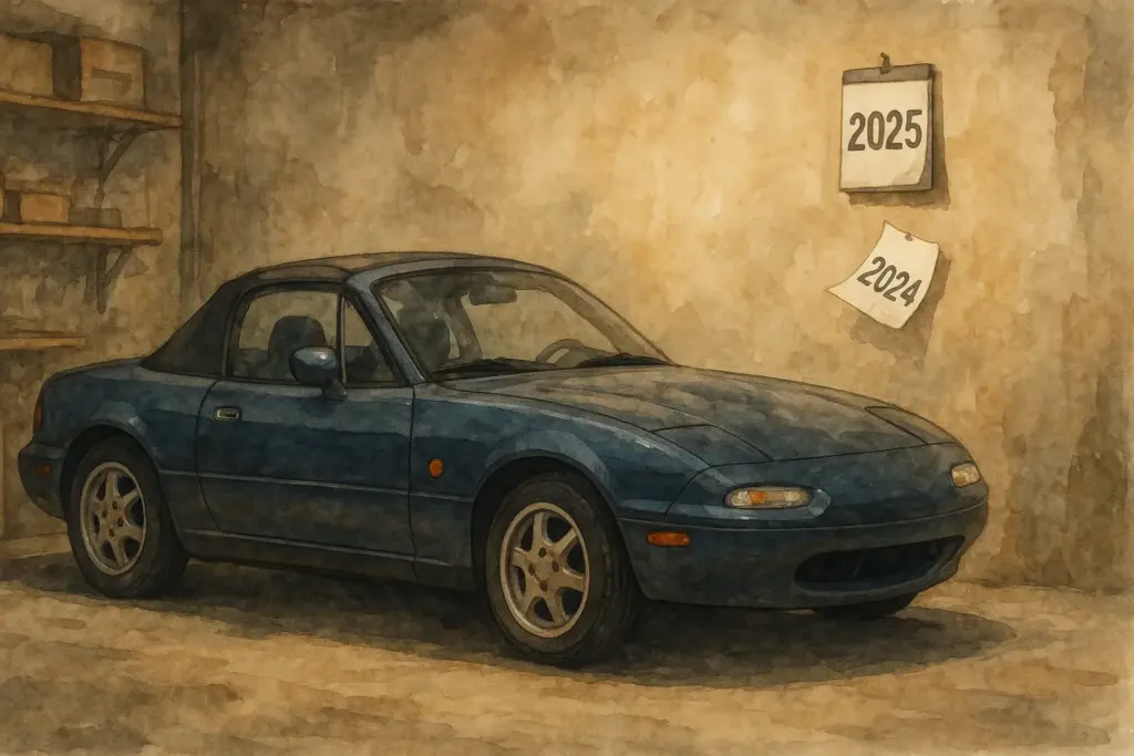 Ilustración de un coche clásico en un garaje, con un calendario marcando los 30 años.