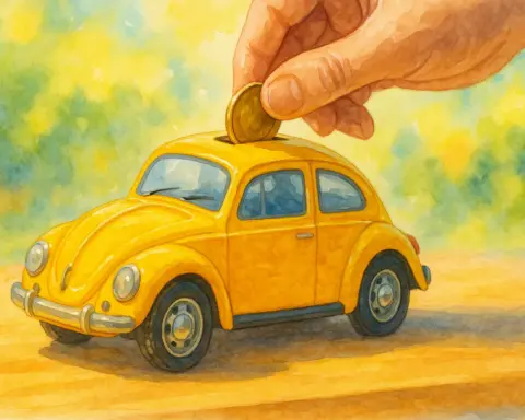 Ilustración de una mano metiendo una moneda en una hucha con forma de coche histórico.