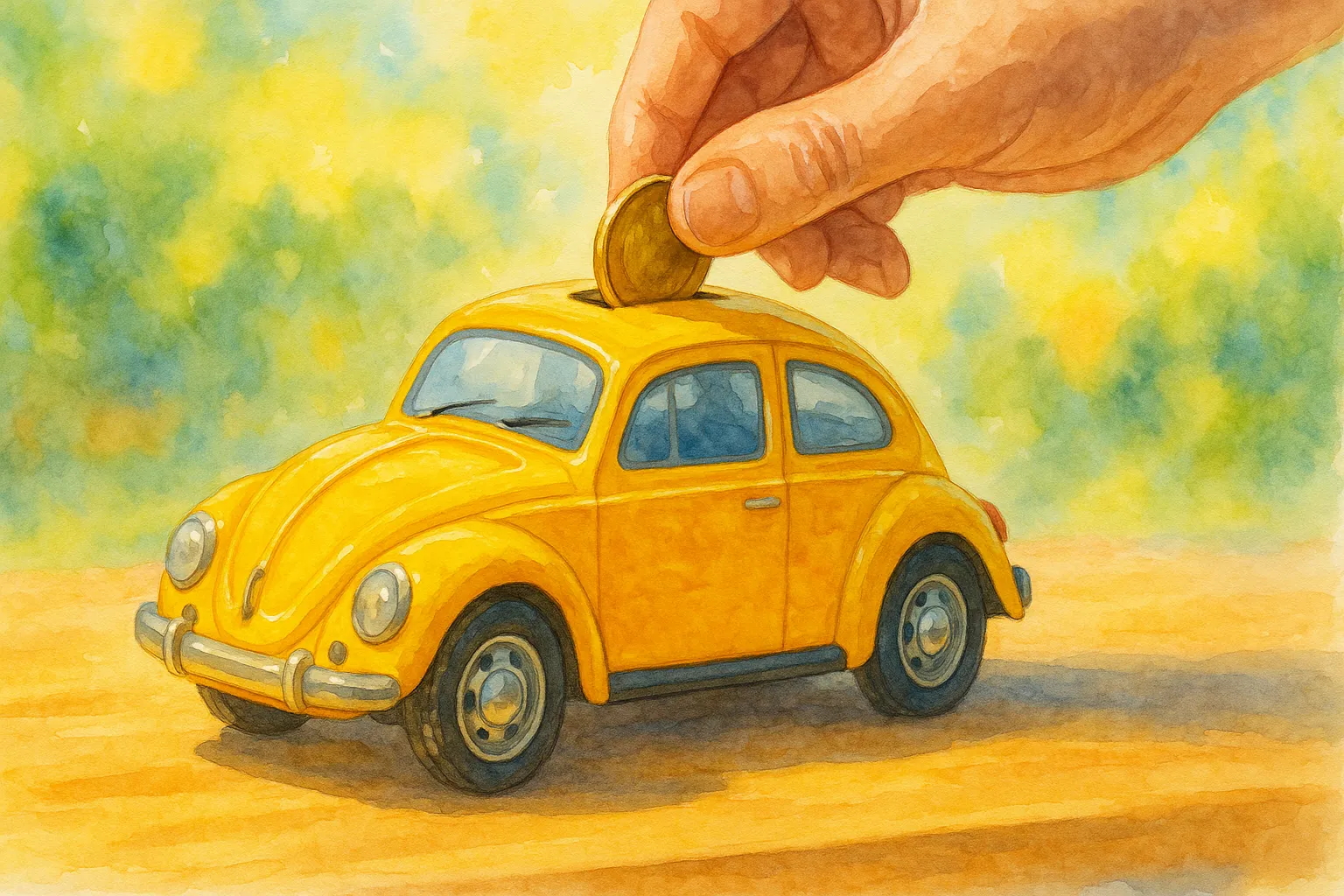 Ilustración de una mano metiendo una moneda en una hucha con forma de coche histórico.