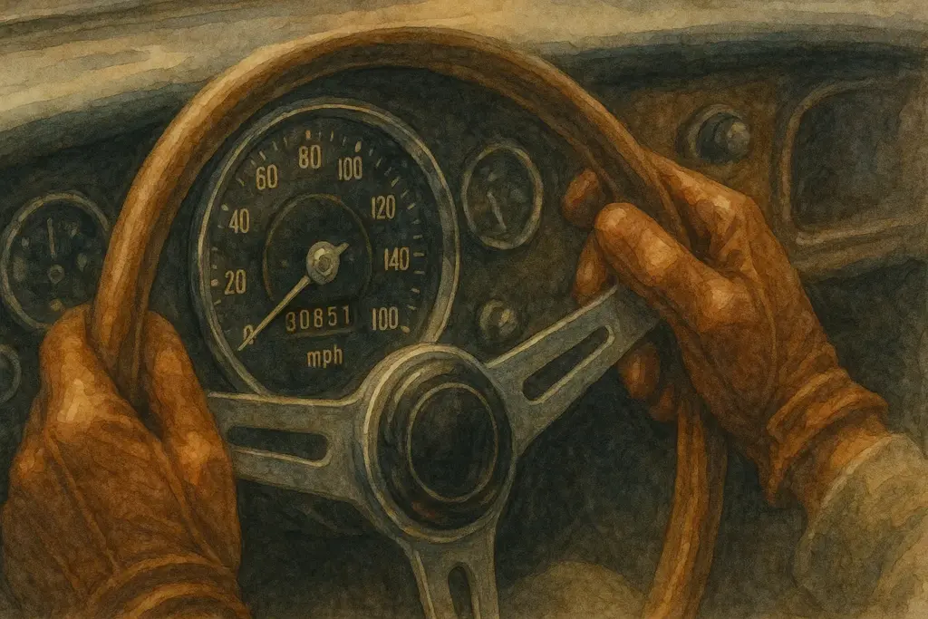 Ilustración de un conductor mirando el odómetro de su coche histórico, pensando en el límite de km.