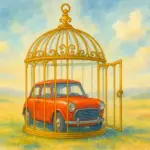 Ilustración de un coche histórico en una jaula dorada, simbolizando sus desventajas.
