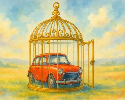 Ilustración de un coche histórico en una jaula dorada, simbolizando sus desventajas.