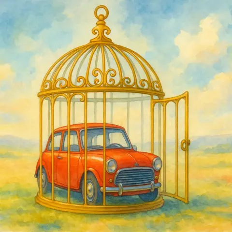 Ilustración de un coche histórico en una jaula dorada, simbolizando sus desventajas.