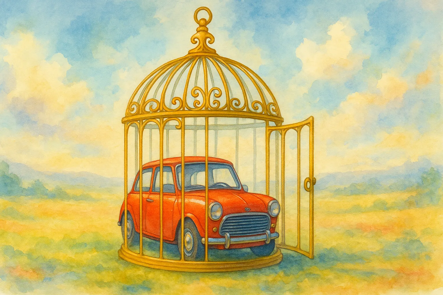 Ilustración de un coche histórico en una jaula dorada, simbolizando sus desventajas.